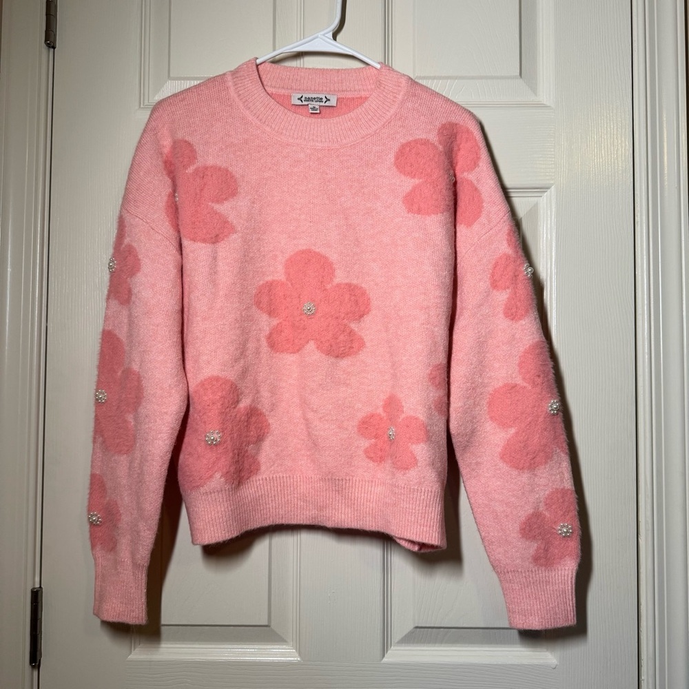 Nanette Lepore Pink Floral Crew Neck Sweater Size M